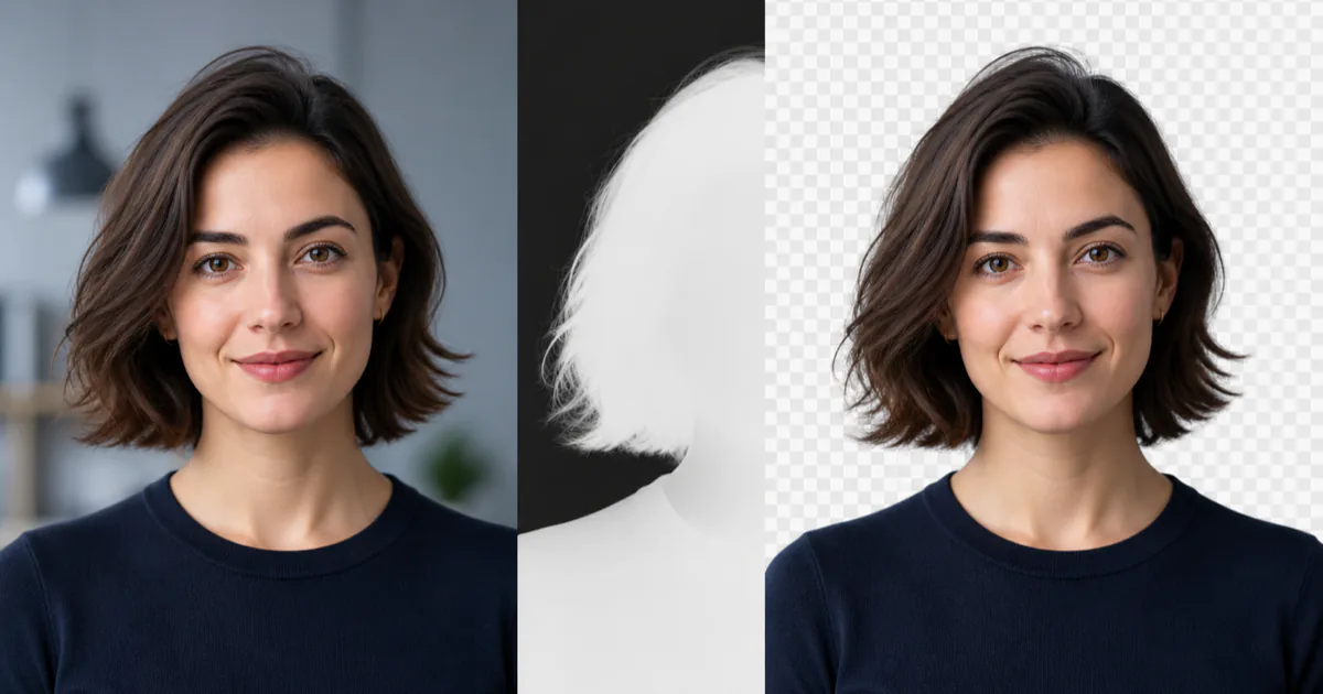 Original portrait, person segmentation mask, and transparent background result in a browser